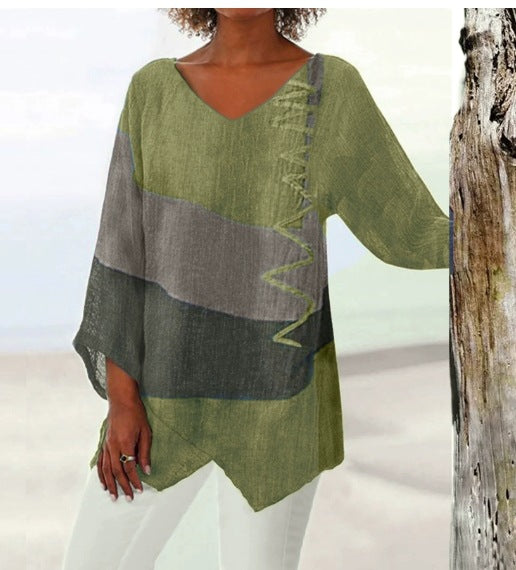 ⏳ Utolsó nap – 50% kedvezmény 😍【S~5XL】Női elegáns hétköznapi felső: V-nyakú, hosszú ujjú, művészi mintás nyomat