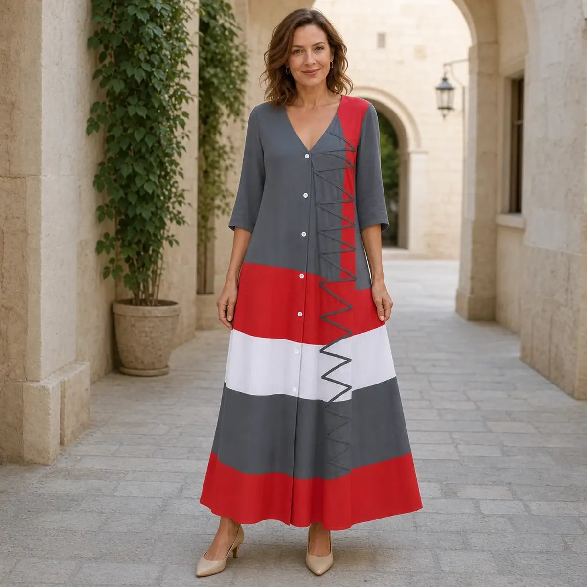 💃50% de descuento🔥【40-120 kg】Moderno vestido largo de verano con escote en V y botones, ideal para unas vacaciones en la playa.