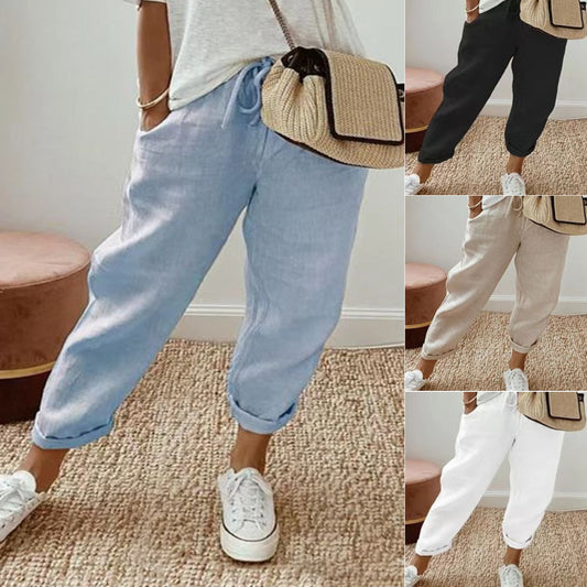 S-5XL 😍💕Poslední den akce -50% SLEVA💕Dámské Bavlněné Kalhoty | Elastický Pas se Stahovací Šňůrkou | Kapsy | Volný Ležérní Střih