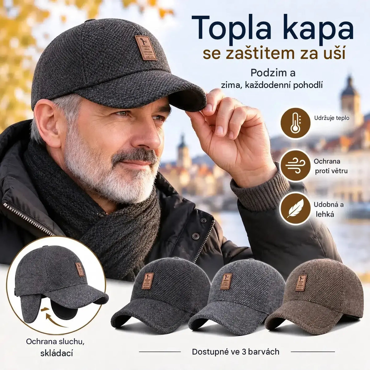 ⭐🧢 Teplá pánská čepice s klapkami na uši: pohodlí na podzim a zimu.