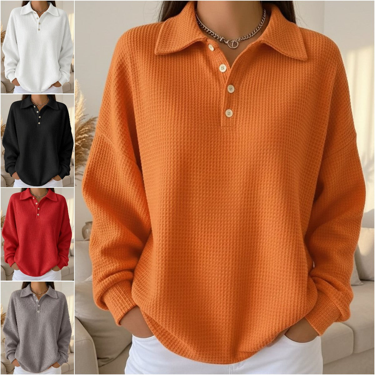 🔥🌷【Nowość na rok 2026】🎉🙌 (S-5XL) Stylowa, elegancka, swobodna damska koszula z dzianiny waflowej z kołnierzykiem