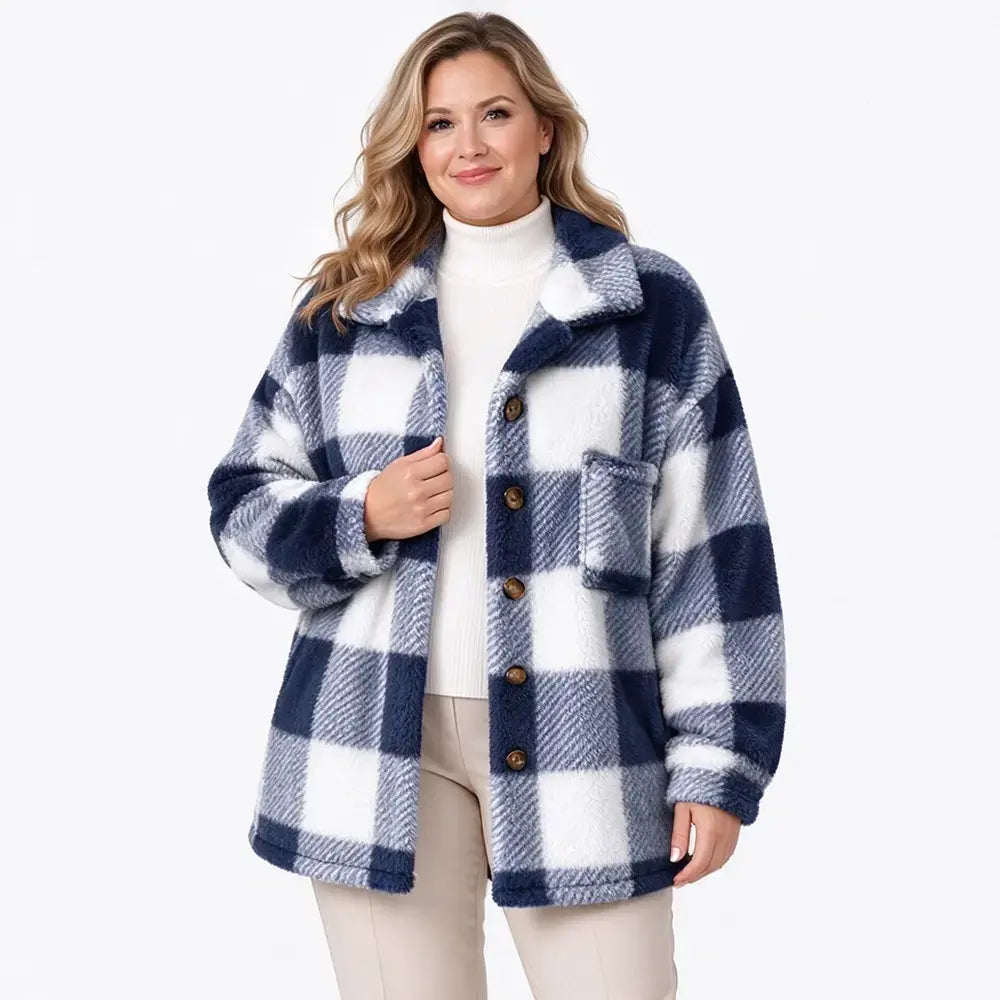 🧥【S–5XL】Dámský kostkovaný plyšový kabát z umělé srsti, volný střih, teplý kabát na podzim a zimu