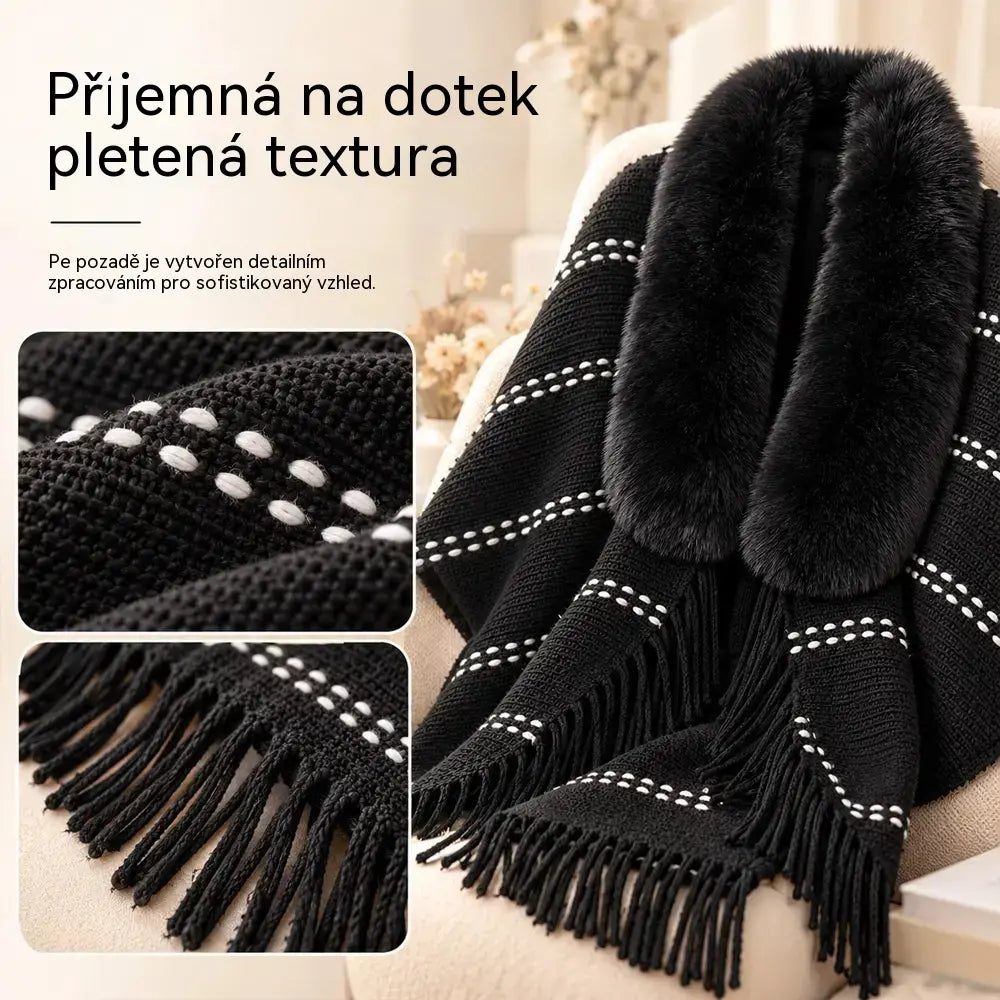 Pletené pončo s kožešinovým límcem a střapci 🧣 Elegantní, hřejivý přehoz pro ženy (podzim/zima) ❄️ Univerzální a pohodlný kousek volnějšího střihu, který lichotí postavě ✨