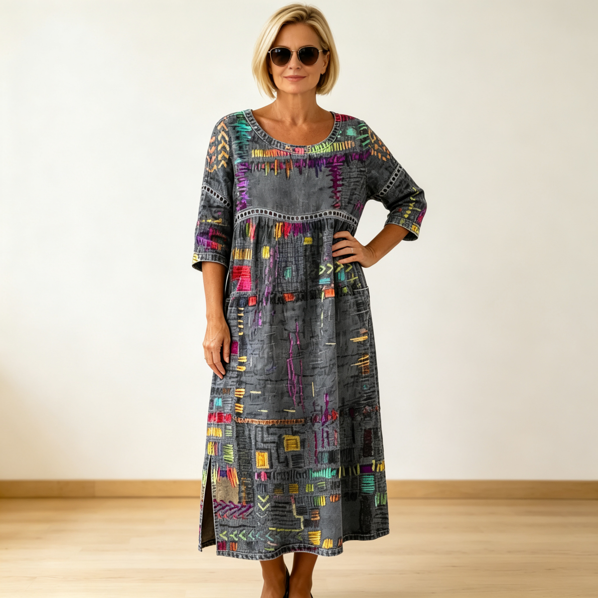 ✨ 【S-5XL】Vestido retro de verano con escote redondo y estampado, ligero y transpirable, favorecedor y fácil de combinar.