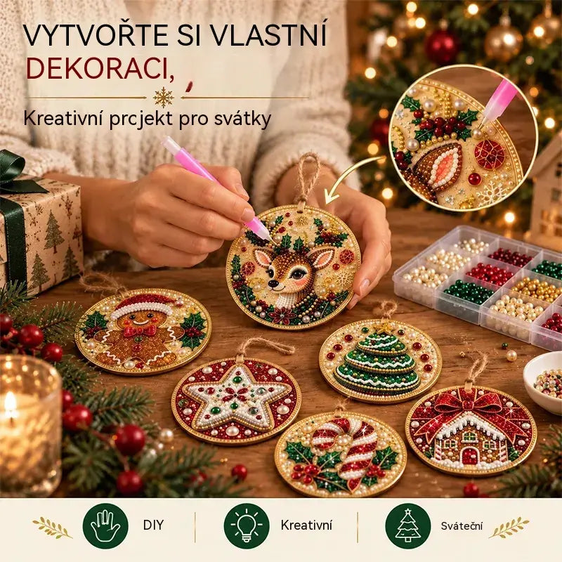 Specifikace🎄 Sada 6 vánočních ozdob na vlastnoruční vytvoření (diamantové malování) – kreativní projekt pro celou rodinu, ideální na stromeček, do okna či jako dárek!