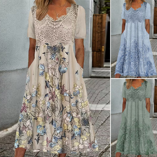 🌺【S-3XL】Rövid ujjú, csipkemintás, virágmintás, plus size midi női ruha