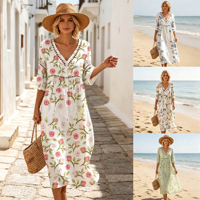 👗【S-3XL】Vestido largo de algodón y lino con estampado floral, estilo veraniego, escote en V