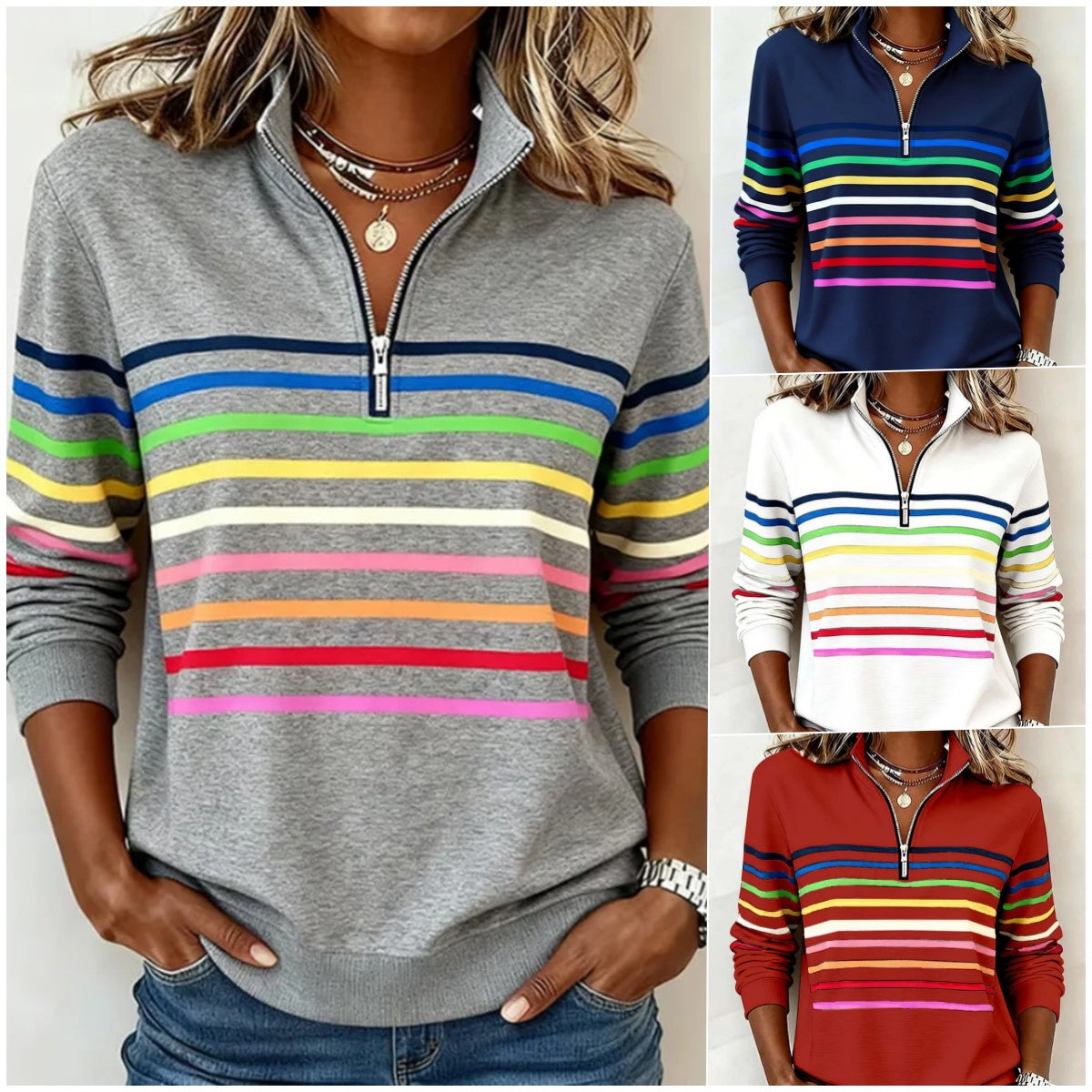 😀👗 Novedad 2026: elegante sudadera de rayas con escote con media cremallera.