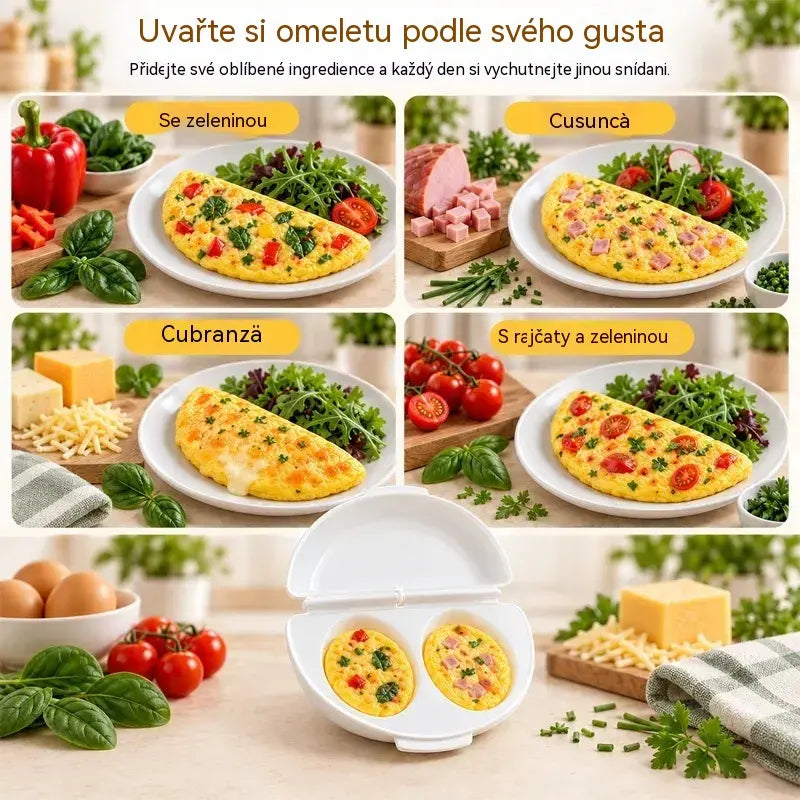🔥2 kusy 540Kč🍳 Dokonalá snídaně během pár minut! Nádoba na přípravu omelet v mikrovlnné troubě 🥚 | 2 oddíly · Nepřilnavý materiál vhodný pro styk s potravinami · Odnímatelné panty pro snadné čištění · Rychlá příprava bez nutnosti oleje