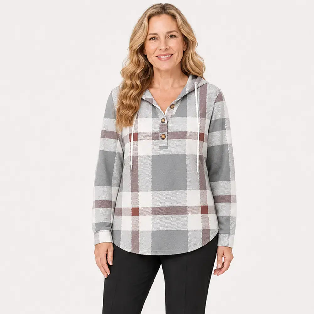 S-3XL🧥Dámská mikina s kostkovaným výstřihem do V - zapínání na knoflíky, dlouhý rukáv - volná kostkovaná mikina na podzim a zimu