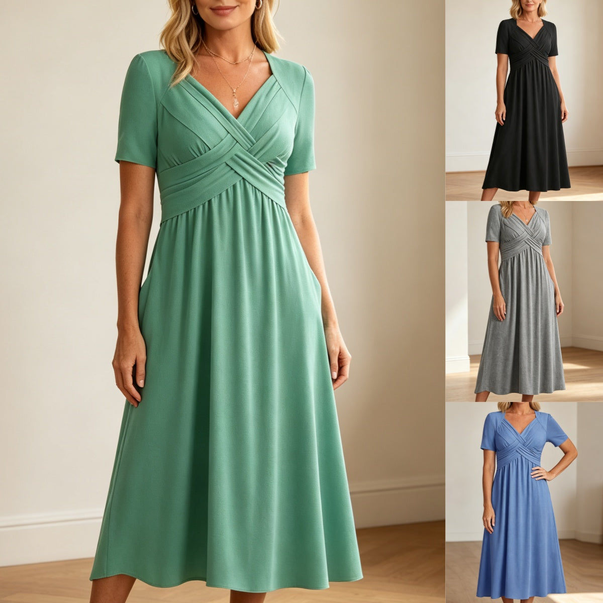 💃【S-3XL】Tiszta színű, hétköznapi divatos közepes hosszúságú ruha