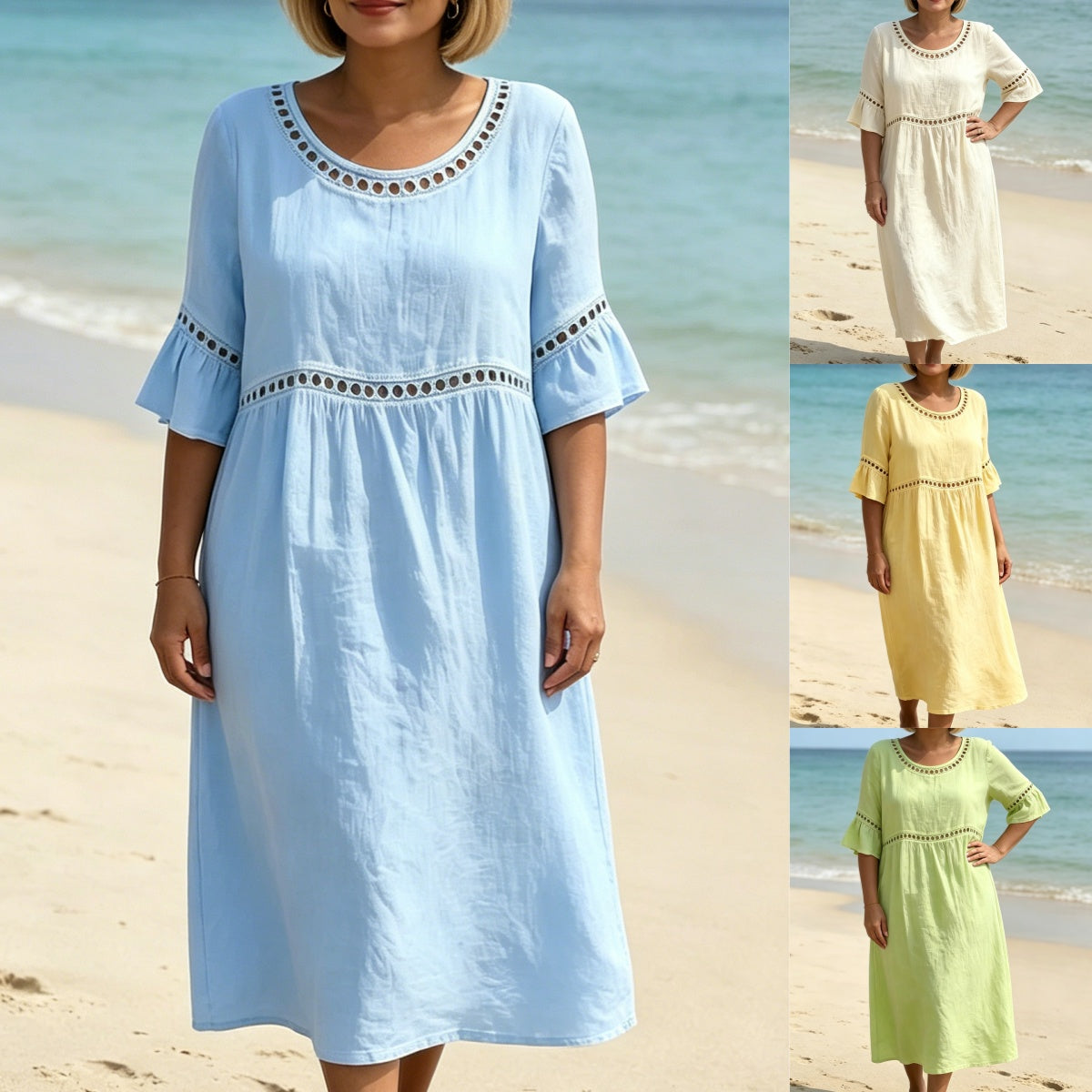 💎2026 Alta calidad💎【S-3XL】Vestido de mujer de algodón y lino, con mangas abullonadas, transpirable, suave y cómodo