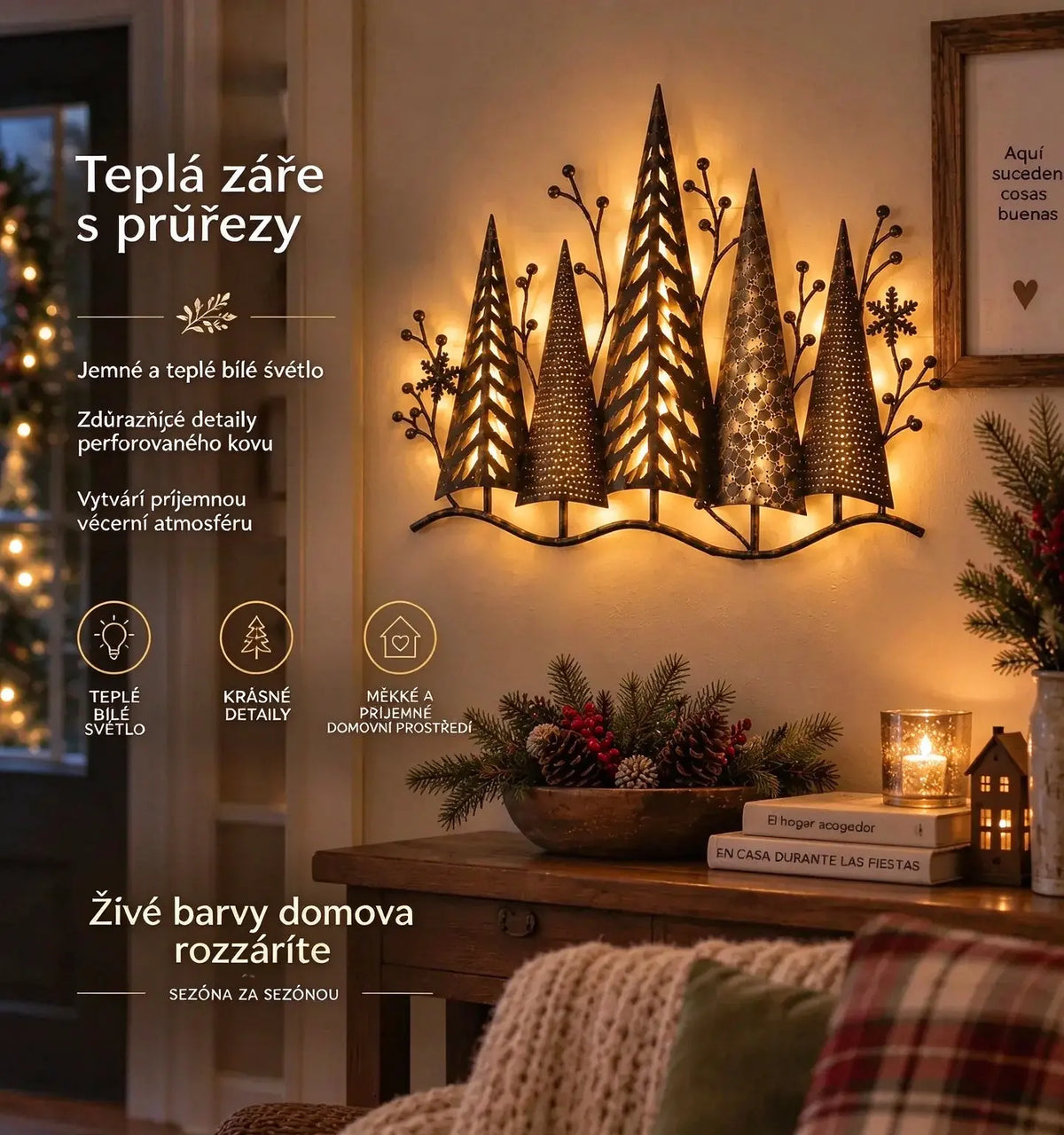 🎄🕯️ Kovová nástěnná dekorace s motivem lesa, ve vintage stylu s osvětlením 🌙