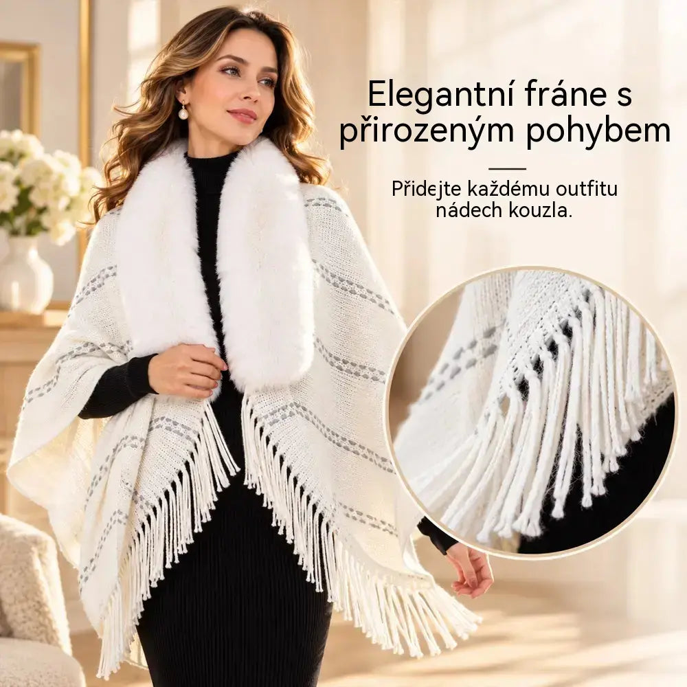 Pletené pončo s kožešinovým límcem a střapci 🧣 Elegantní, hřejivý přehoz pro ženy (podzim/zima) ❄️ Univerzální a pohodlný kousek volnějšího střihu, který lichotí postavě ✨