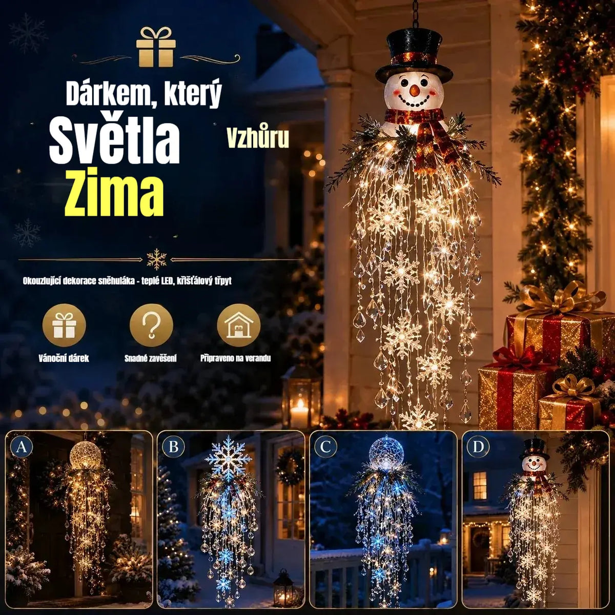 🔥 DNES SLEVA 50 % 🎅 Vánoční závěsná LED lampa se sněhovou vločkou a křišťálem | Kouzelná záře na verandu ✨