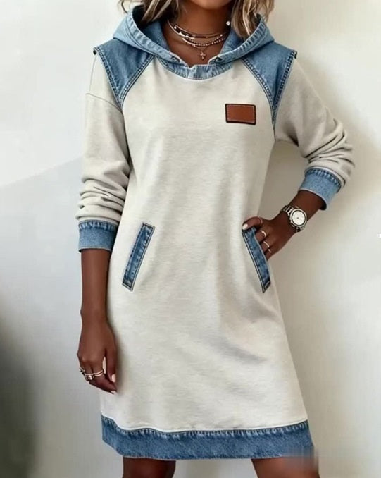 🌷✨👗Őszi-téli újdonság 50% kedvezménnyel🌞❄️ Új patchwork kapucnis farmer ruha ❄️ – bő, kényelmes és könnyen kombinálható-U