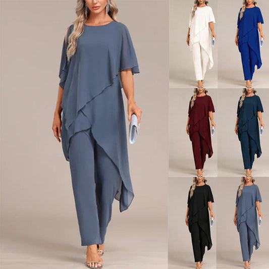 【S-2XL】 Női nyári, lezser, váll nélküli, szabálytalan denevérszárnyú ujjú felső és nadrág, ingázós divatos kétrészes szett