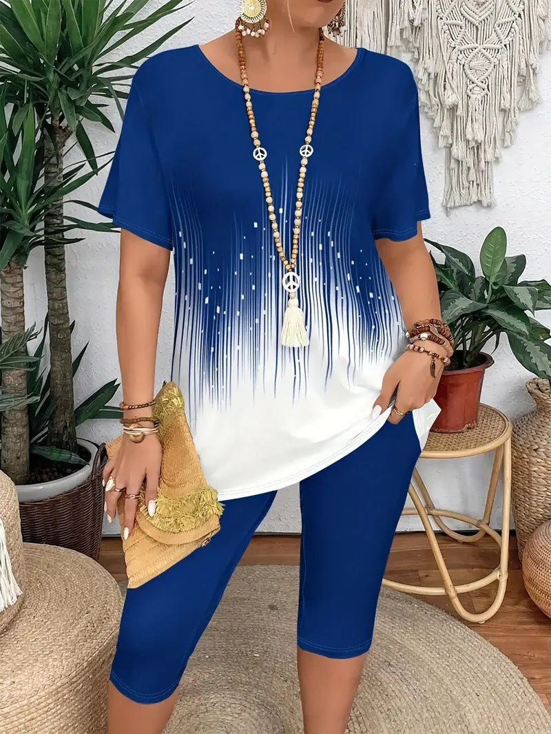 50% sleva ✨S-5XL 👕👖Módní dámská letní dvoudílná souprava: vzorované tričko s krátkým rukávem a dlouhé (7/8) kalhoty