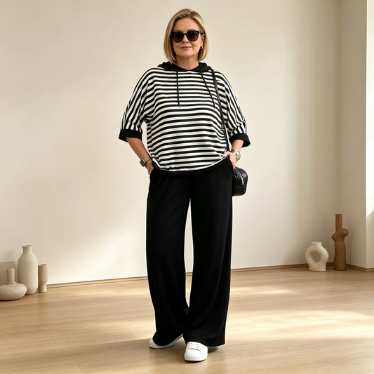 XL-5XL 💥 Dámská Dvoudílná Pruhovaná Souprava | Mikina s Kapucí + Široké Kalhoty | Podzim 2026 | S–5XL