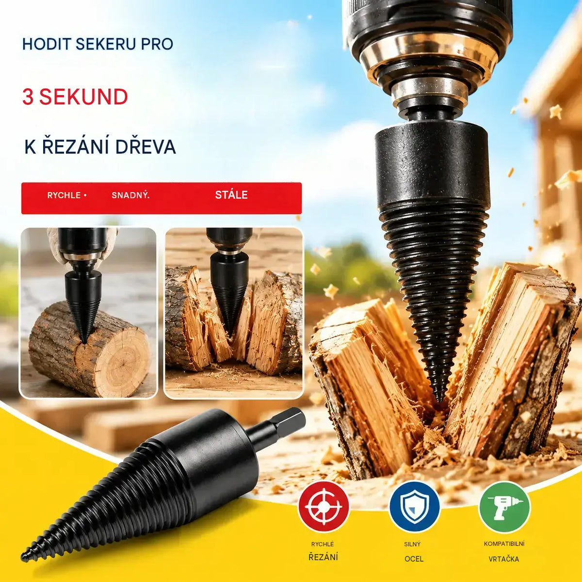 🔥1 sada za 620 Kč【32mm vrtací kužel na štípání dřeva + 3 typy upínacích nástavců】 ⚙️ Vrtací kužel z vyztužené oceli pro elektrické štípačky – vysoký výkon a práce bez námahy.