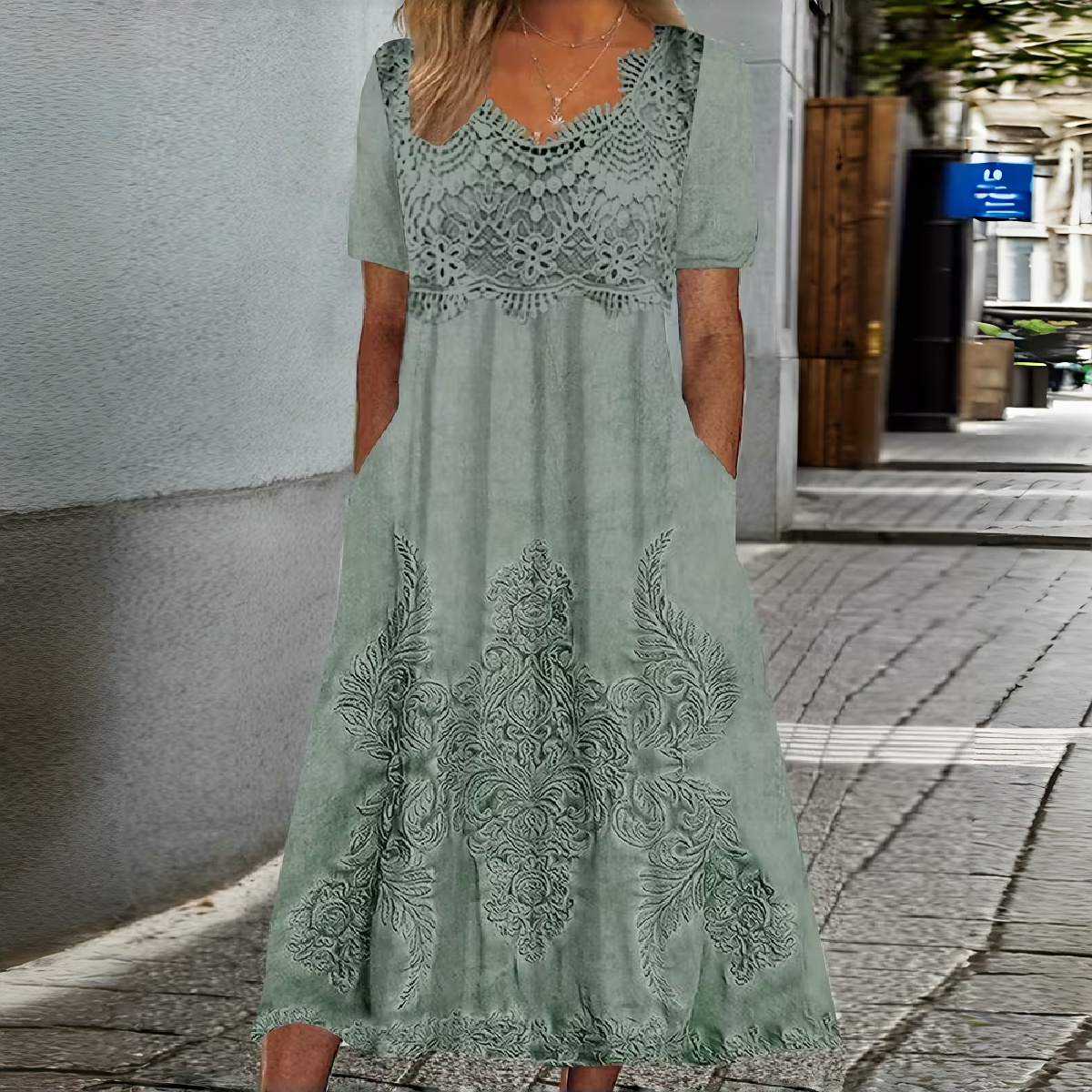 🌺【S-3XL】Rövid ujjú, csipkemintás, virágmintás, plus size midi női ruha
