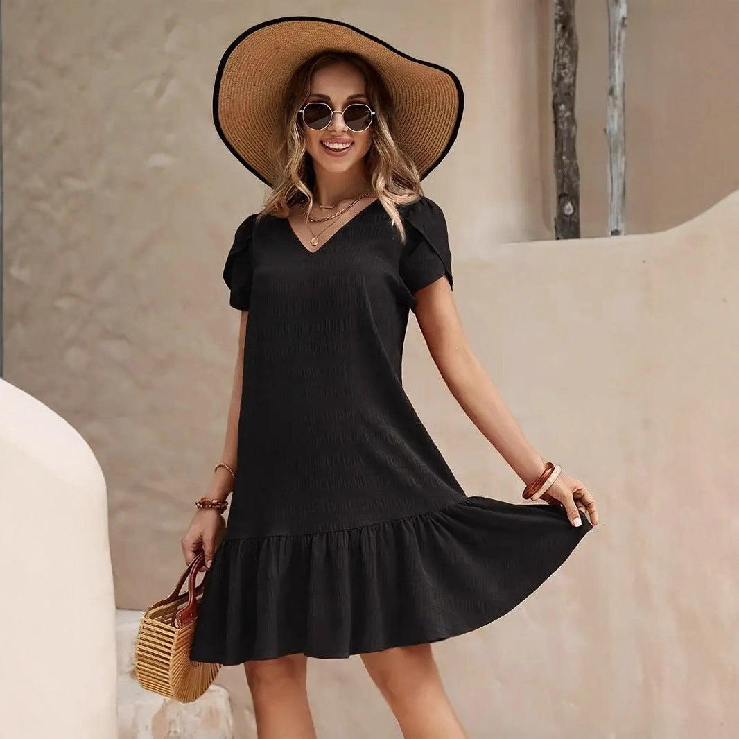 💃  S–5XL,  Női egyszínű, bő szabású ruha, plus size lezser rövid ujjú ruha,