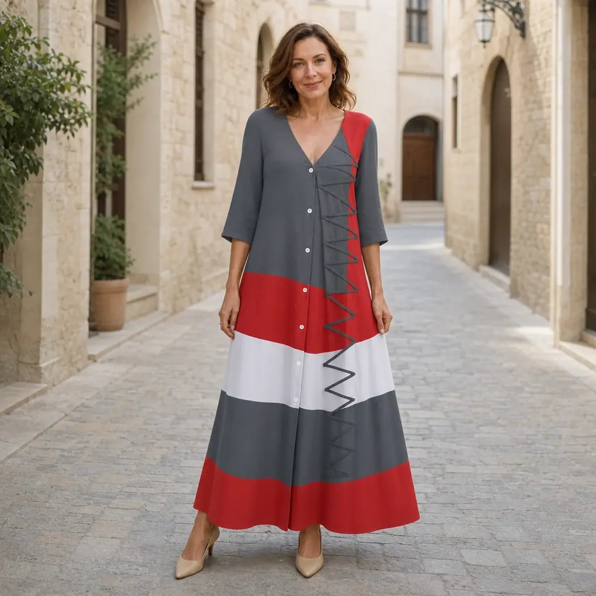 💃50% de descuento🔥【40-120 kg】Moderno vestido largo de verano con escote en V y botones, ideal para unas vacaciones en la playa.