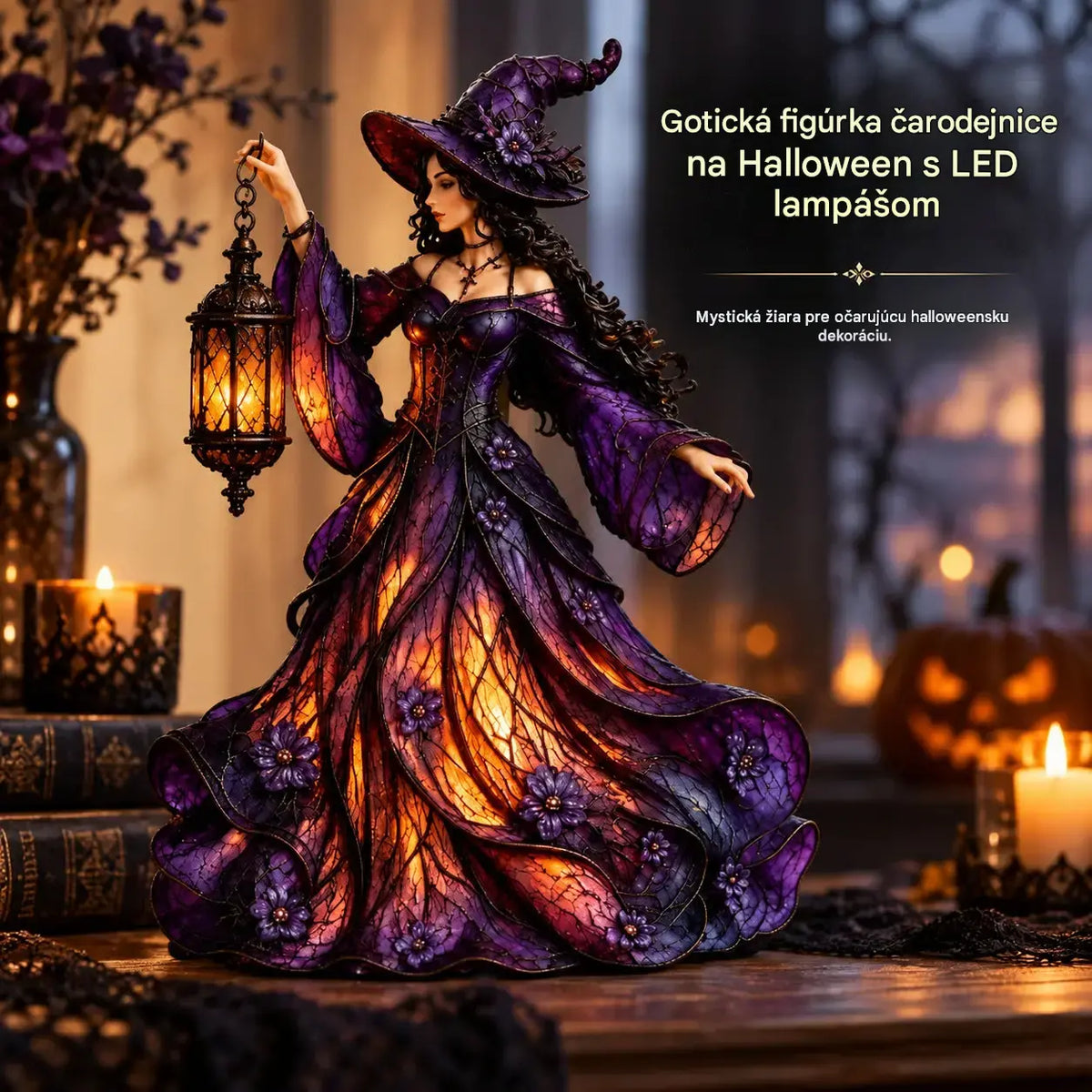 🧙‍♀️ Gotická halloweenská figurka čarodějnice s LED lucernou 🧙‍♀️