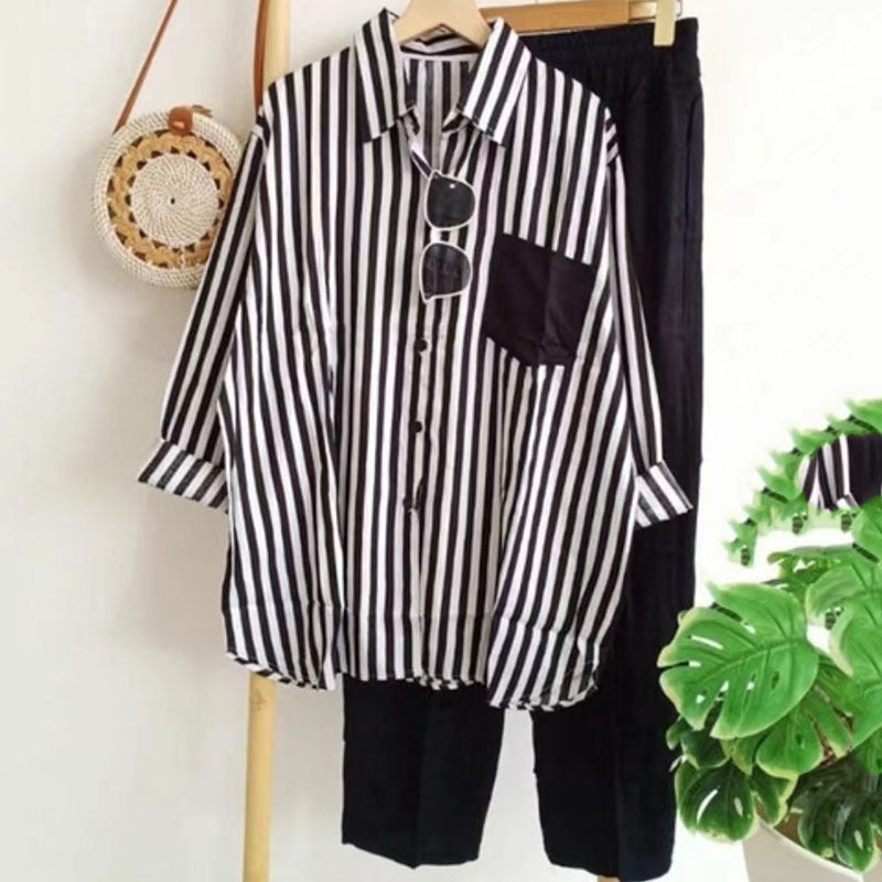 ✨【S-5XL】Nová letní módní ležérní souprava (pruhovaná košile s potiskem + kalhoty)