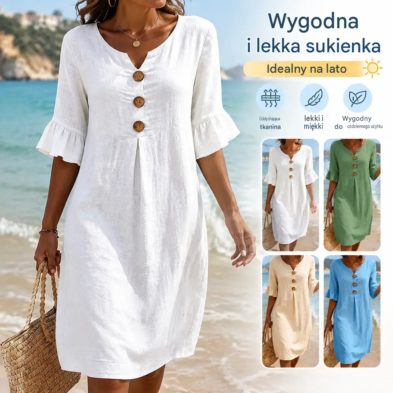 🔥【Druga rzecz za połowę ceny】👗【S-3XL】Kobieca sukienka z bawełny i lnu z puszystymi rękawami i guzikami