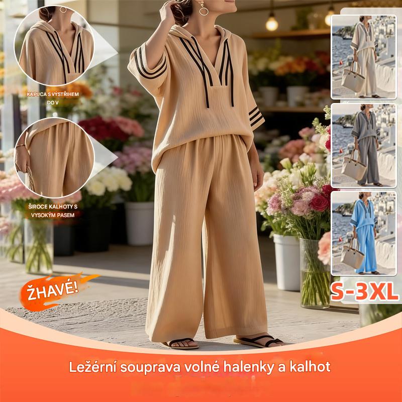 👚👖【S-5XL】【Top + Kalhoty】Nová ležérní dvoudílná sada: Top s kapucí a tříčtvrtečním rukávem + kalhoty s širokými nohavicemi✨