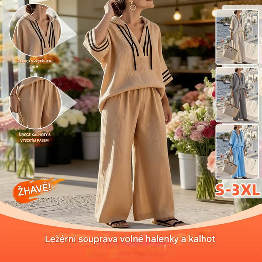 👚👖【S-5XL】【Top + Kalhoty】Nová ležérní dvoudílná sada: Top s kapucí a tříčtvrtečním rukávem + kalhoty s širokými nohavicemi✨