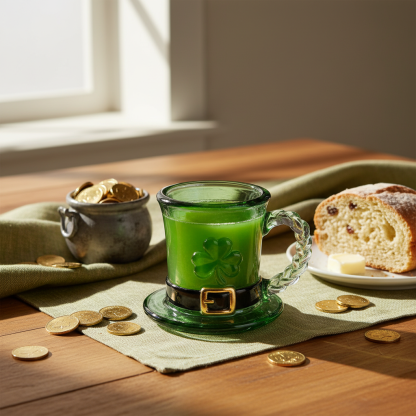 ☕Taza de cristal con gorro de duendecillo y trébol de la suerte - Taza de café verde esmeralda