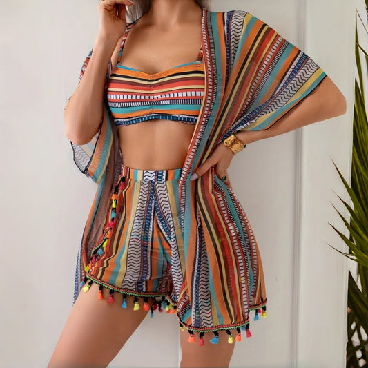 🌴S-2XL, Női szexi bojtos bikini, négyrészes fürdőruha szett