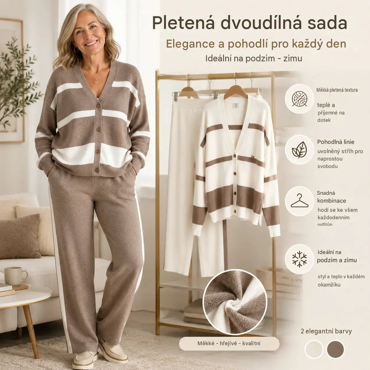 🍁S-3XL [Top + Kalhoty] Stylová dvoudílná pletená souprava, pohodlná a všestranná, vysoká kvalita.