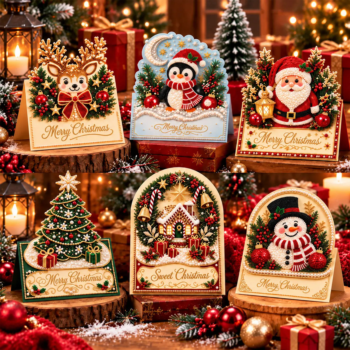 🎄💎【1 sada 6 kusů, 6 různých designů】Ručně vyráběná 3D vánoční přání s korálky – Reliéfní detaily pro darování i vystavení.