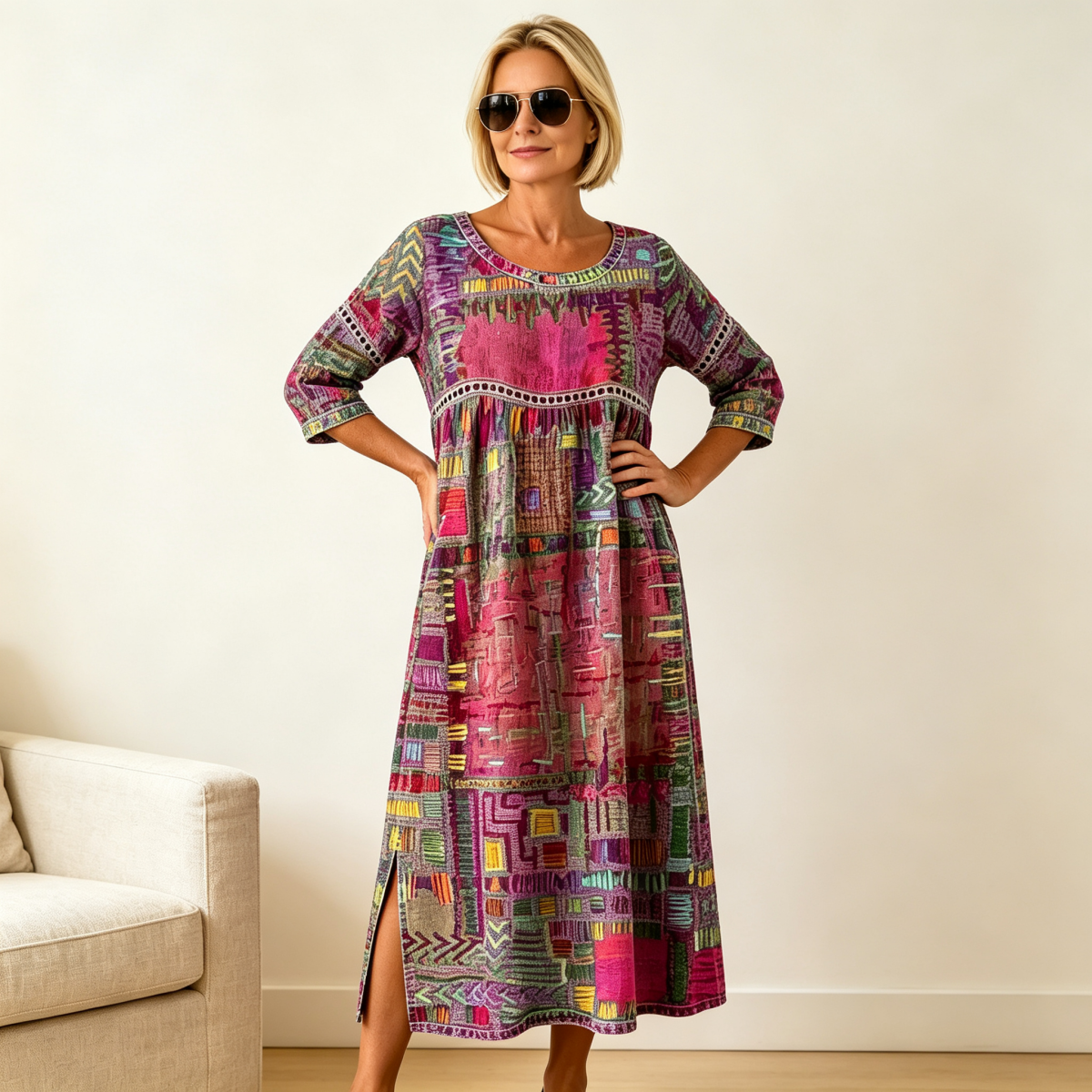 ✨ 【S-5XL】Vestido retro de verano con escote redondo y estampado, ligero y transpirable, favorecedor y fácil de combinar.