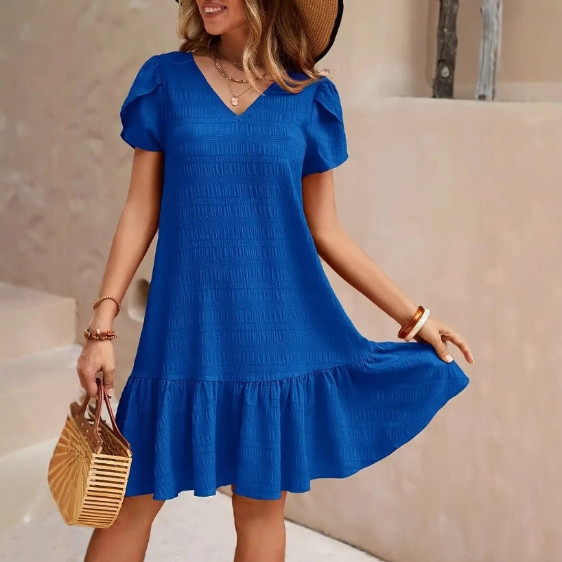 💃  S–5XL,  Női egyszínű, bő szabású ruha, plus size lezser rövid ujjú ruha,