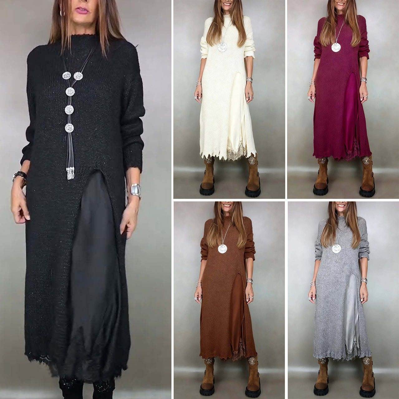 【XS-3XL】👗Nová podzimní krajková souprava s rozparkem a svetrovým vzorem