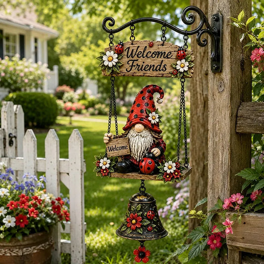 🏡🔔 Uvítací zvonek se zahradním trpaslíkem, cedule "Vítejte", retro bronzový zvonek, železný nástěnný držák, dekorace do zahrady, na terasu a do dvora.