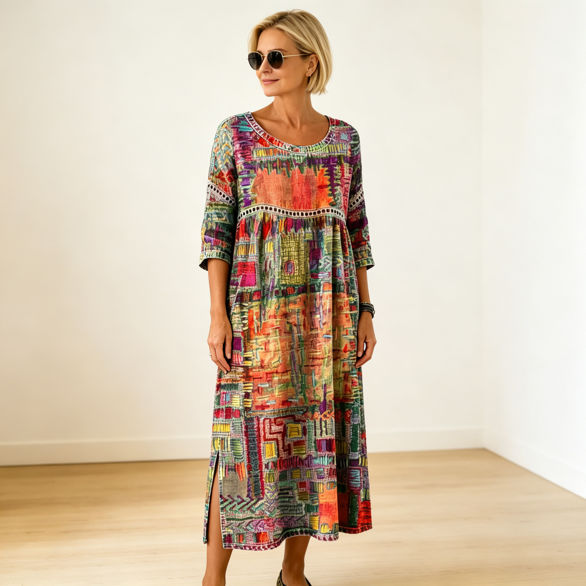 ✨ 【S-5XL】Vestido retro de verano con escote redondo y estampado, ligero y transpirable, favorecedor y fácil de combinar.