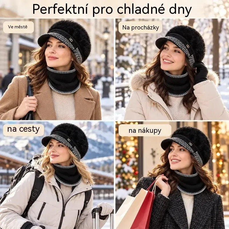 🧢[Klobouk + Nákrčník] Cena: 660 Kč❄️Elegantní dvoudílná zimní sada: kšiltovka se směsí králičí srsti a klapkami na uši + pletená šála!