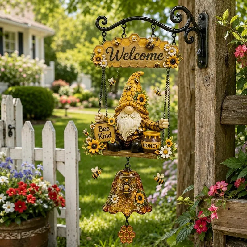 🏡🔔 Uvítací zvonek se zahradním trpaslíkem, cedule "Vítejte", retro bronzový zvonek, železný nástěnný držák, dekorace do zahrady, na terasu a do dvora.