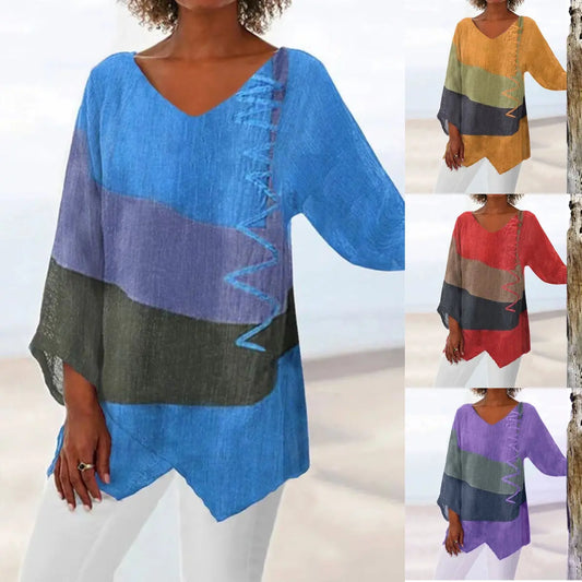 ⏳ Utolsó nap – 50% kedvezmény 😍【S~5XL】Női elegáns hétköznapi felső: V-nyakú, hosszú ujjú, művészi mintás nyomat