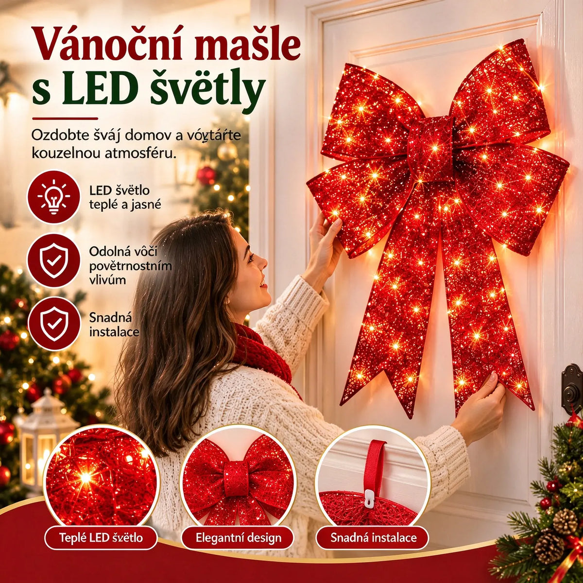 📢📢Poloviční sleva! ✨【61cm*43cm*6cm】 Extra velké venkovní voděodolné vánoční luk vestavěné světlo