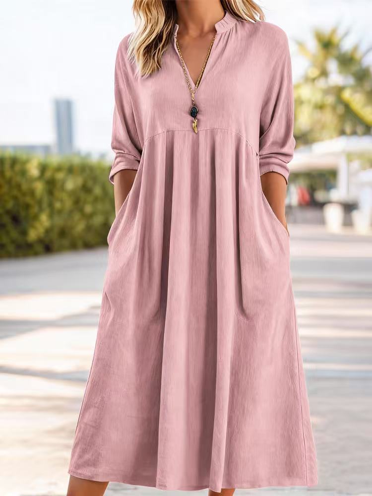 💃【50% de descuento】Nuevo vestido retro de algodón y lino de moda con escote en V