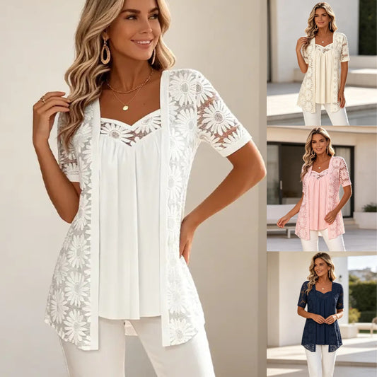 👚 S–4XL Elegantní halenky 2 v 1 s krajkou a síťovinou – zeštíhlující střih proti bříšku, 5 barev, velikosti! 🌸✨