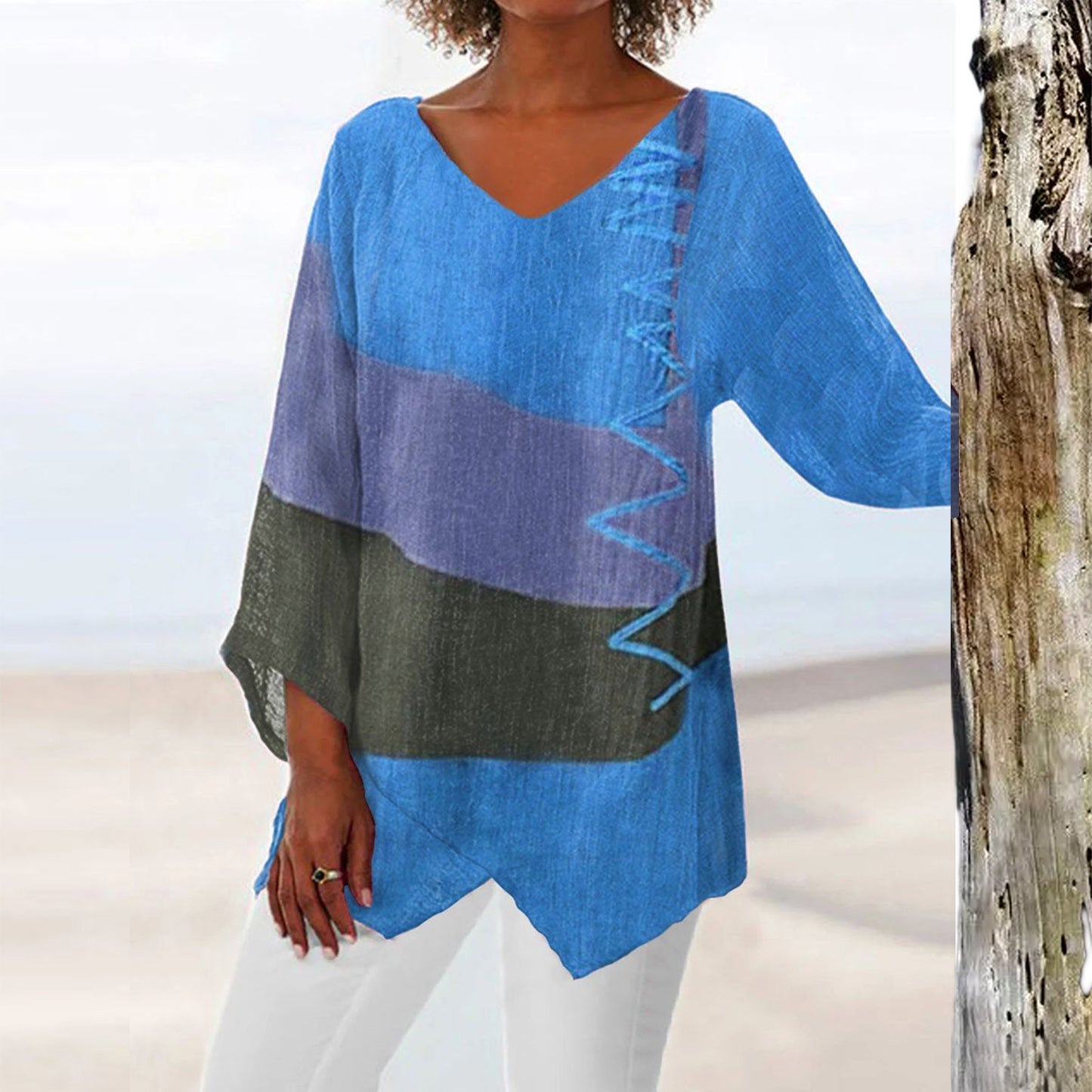 ⏳ Utolsó nap – 50% kedvezmény 😍【S~5XL】Női elegáns hétköznapi felső: V-nyakú, hosszú ujjú, művészi mintás nyomat