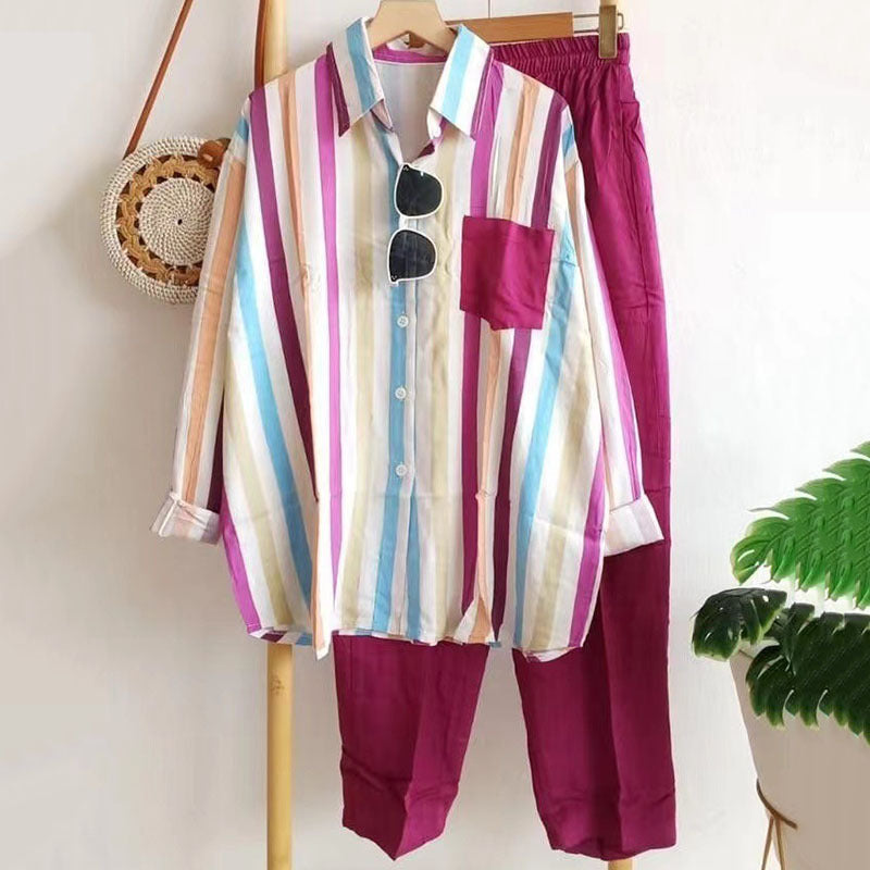 ✨【S-5XL】Nová letní módní ležérní souprava (pruhovaná košile s potiskem + kalhoty)