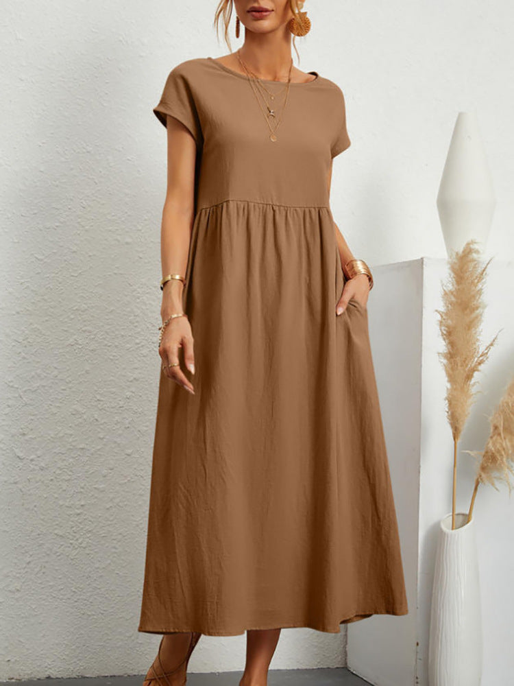 S-4XL 👗 Dámské letní jednobarevné volné bavlněné šaty s krátkým rukávem a kapsami